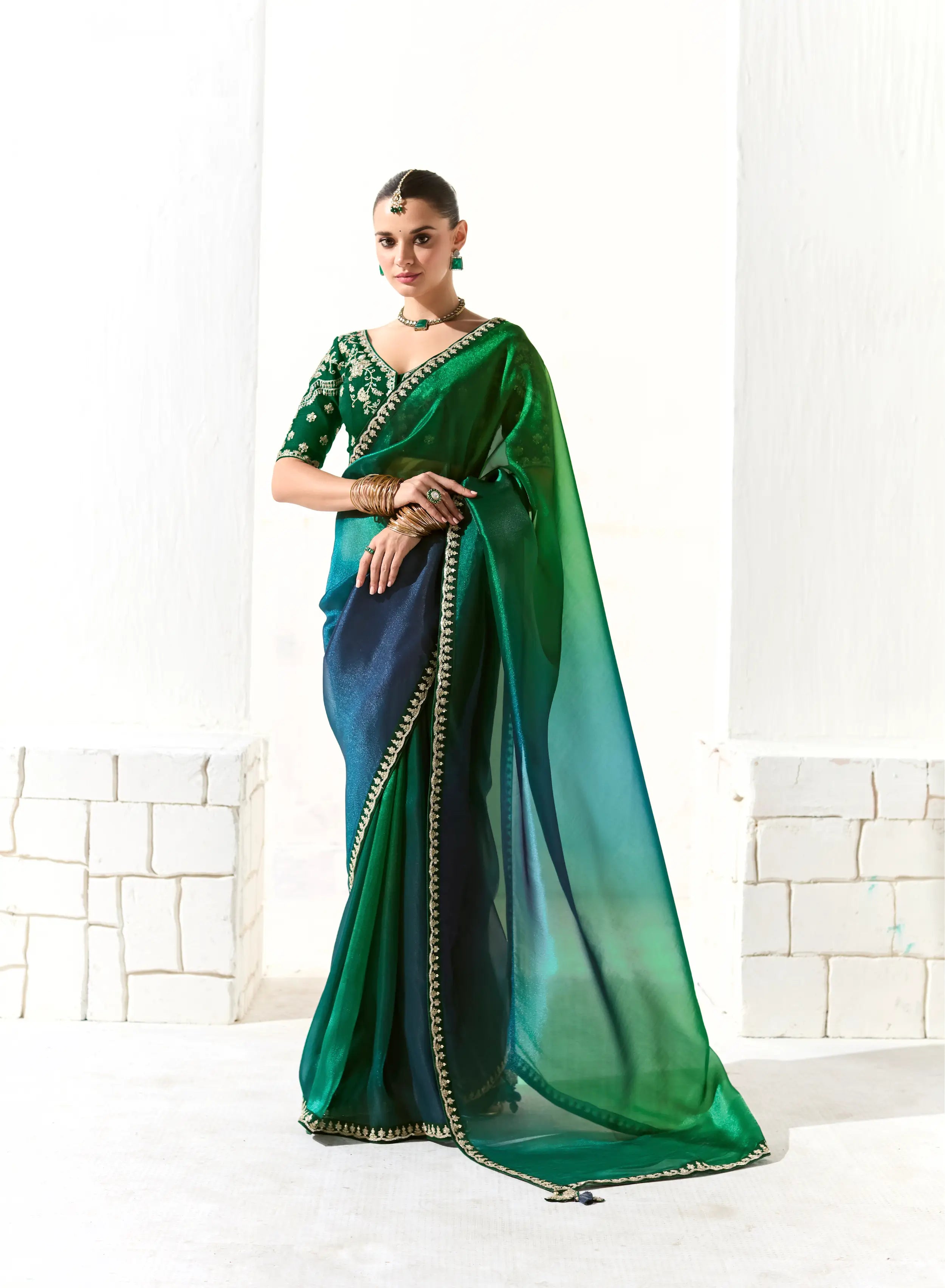 Blue-Green Shaded Organza Saree Blouse With Heavy Embroidery work - qivii