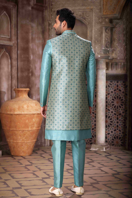 Men's Art Silk Embroidery Work 3 Pcs Indo Jacket Set In Sky Blue Colour