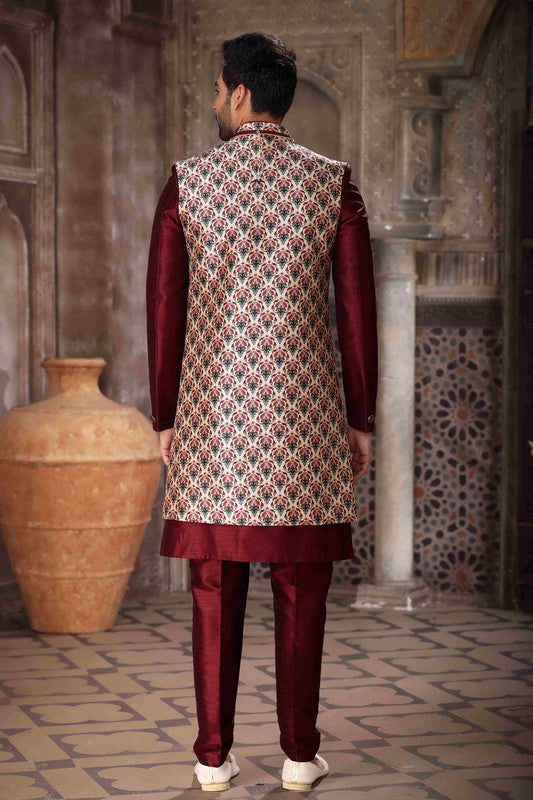 Men's Art Silk Embroidery Work 3 Pcs Indo Jacket Set In Maroon And Wine Colour
