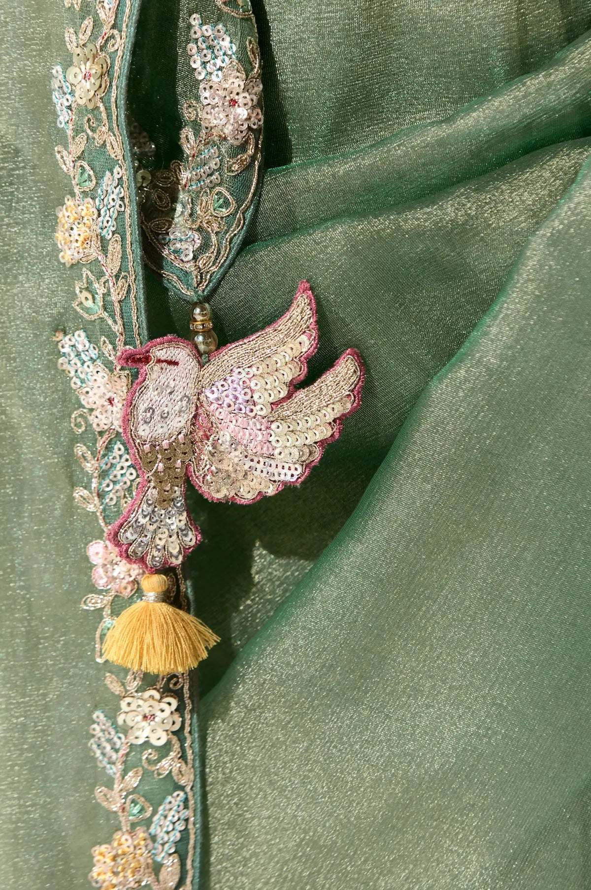 Sage Green Organza Saree Blouse With Heavy Embroidery work - qivii