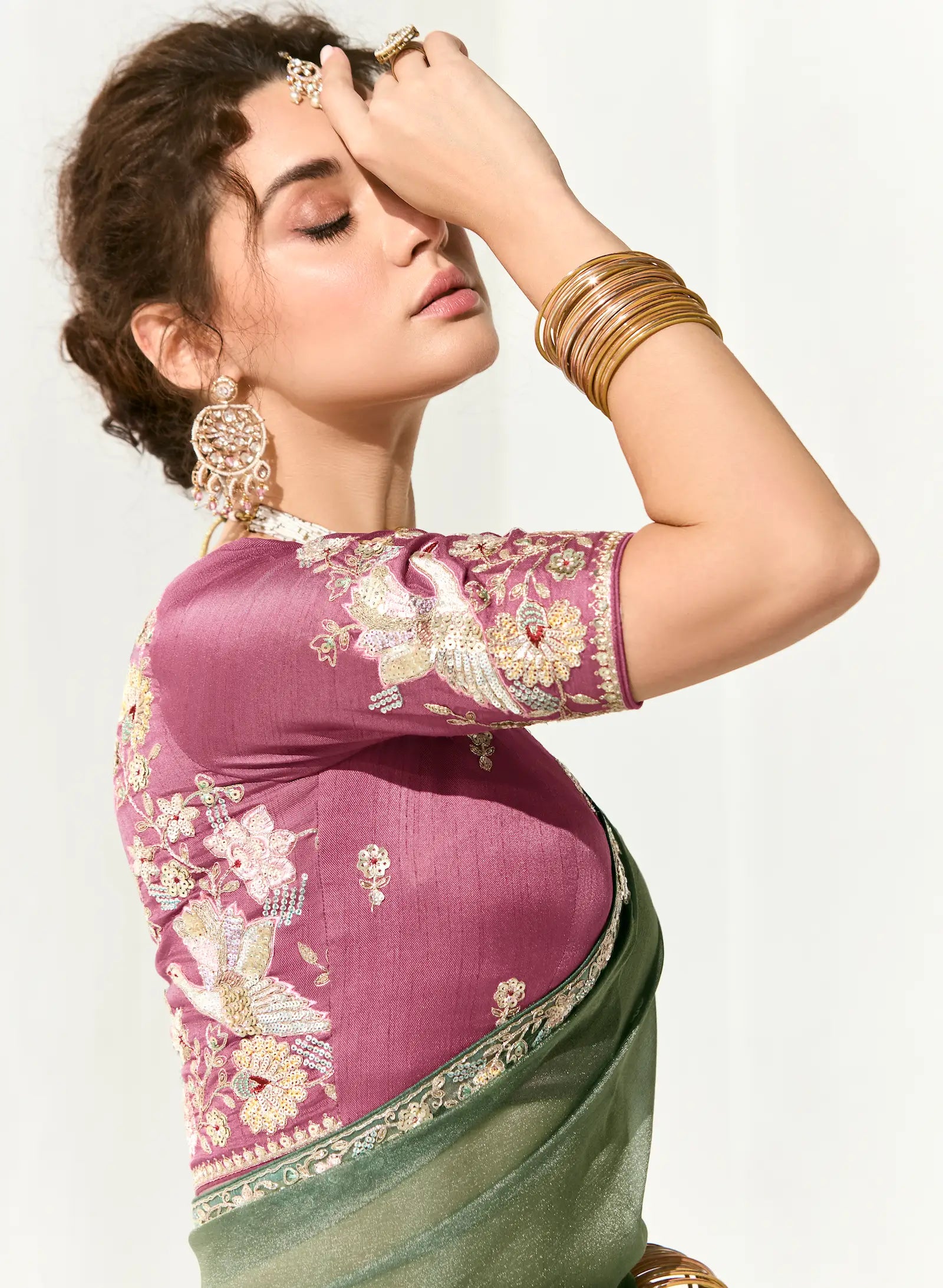 Sage Green Organza Saree Blouse With Heavy Embroidery work - qivii