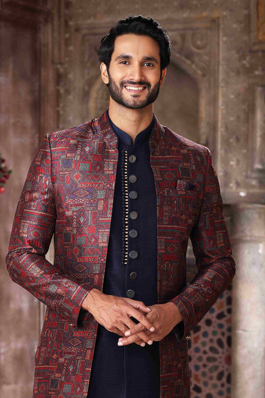 Men's Art Silk Embroidery Work 3 Pcs Indo Jacket Set In Maroon And Blue Colour