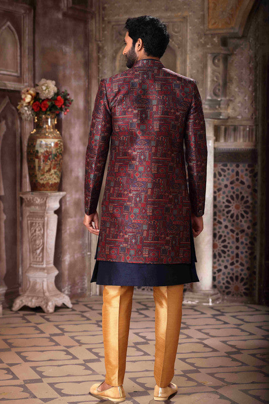 Men's Art Silk Embroidery Work 3 Pcs Indo Jacket Set In Maroon And Blue Colour