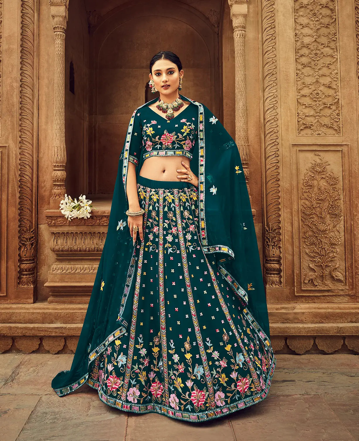 Teal Blue Georgette Thread with Sequence Embroidery Work Lehenga Choli | Ready To Wear - qivii
