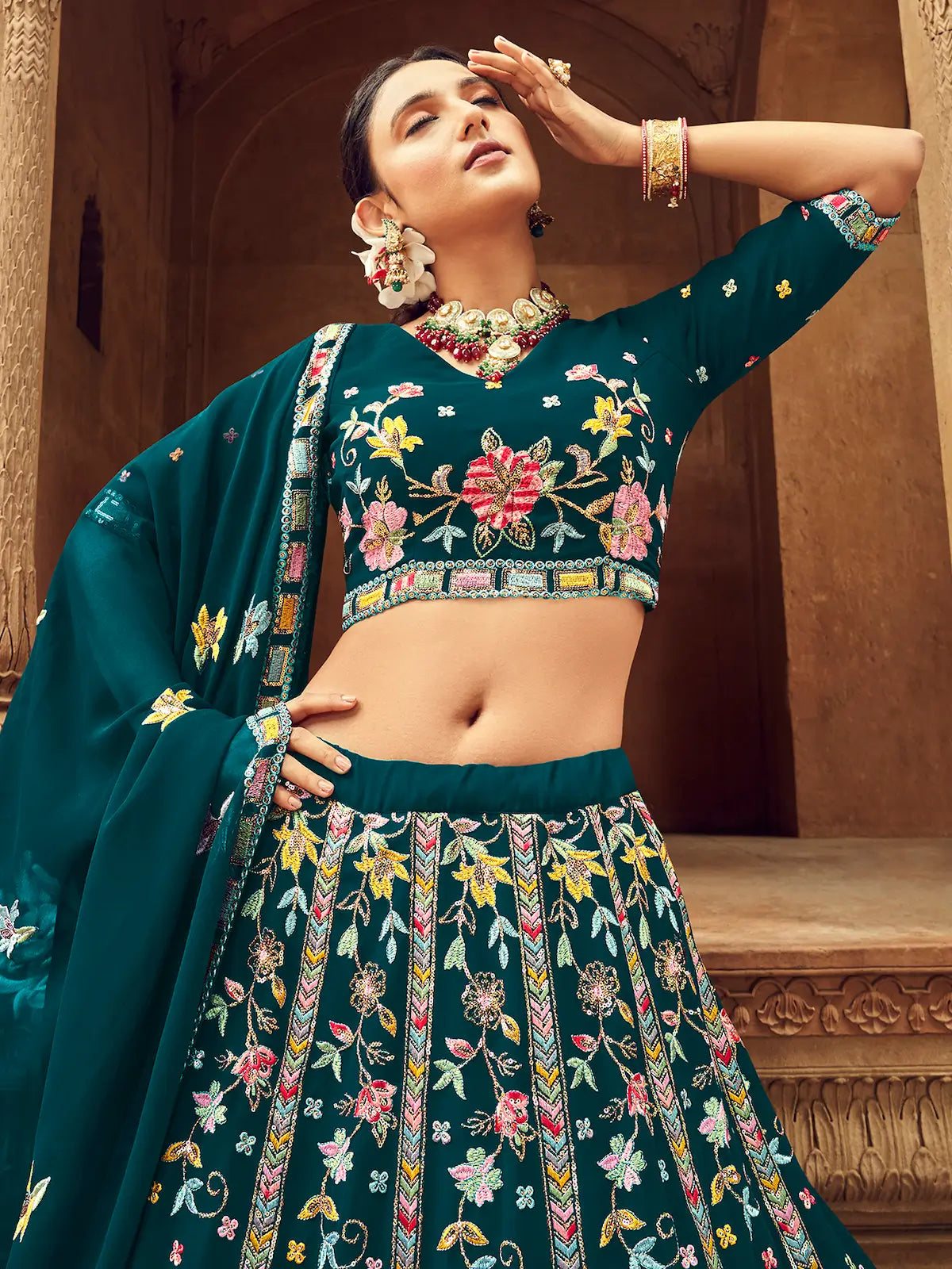 Teal Blue Georgette Thread with Sequence Embroidery Work Lehenga Choli | Ready To Wear - qivii
