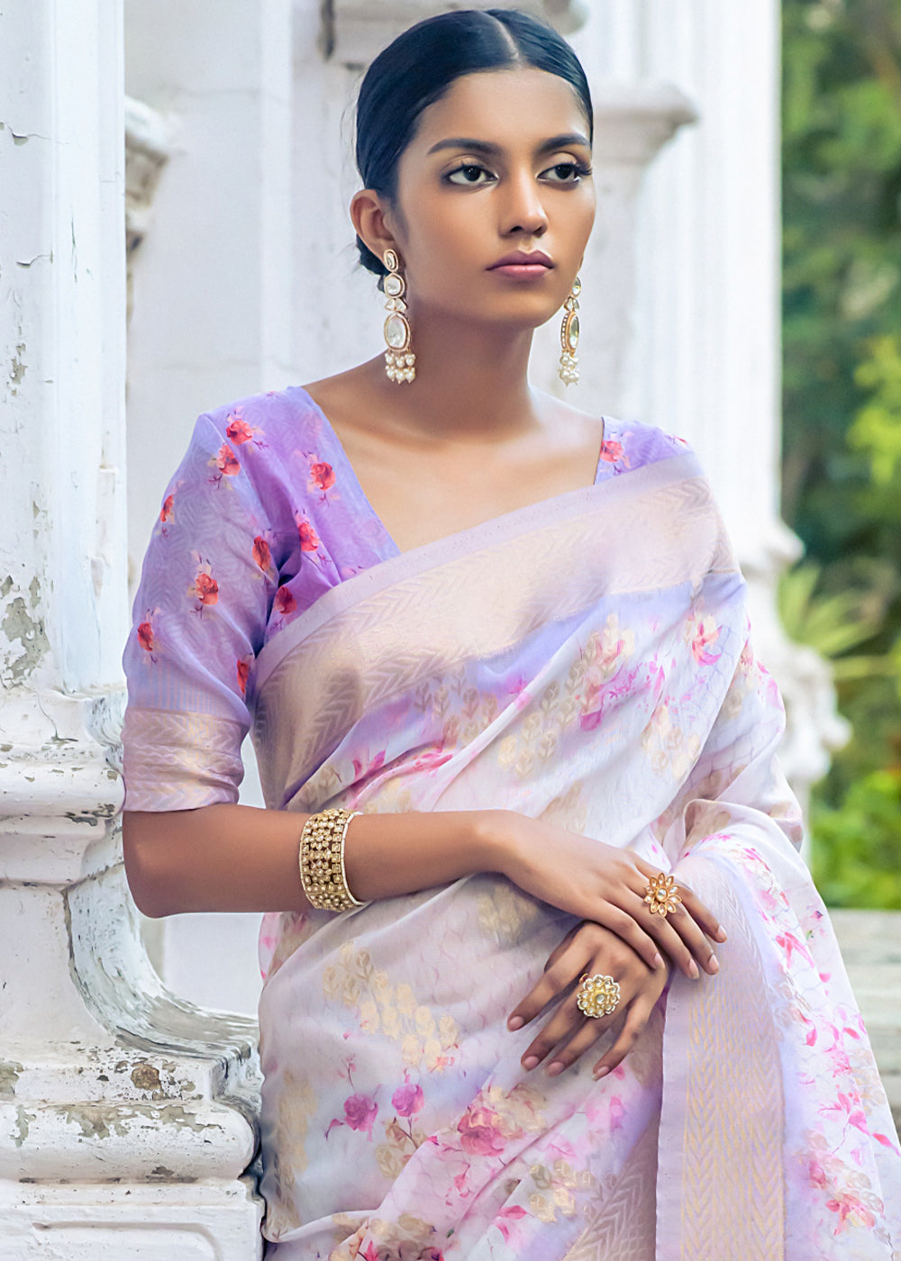 Shades Of Purple Floral Printed Silk Saree - qivii