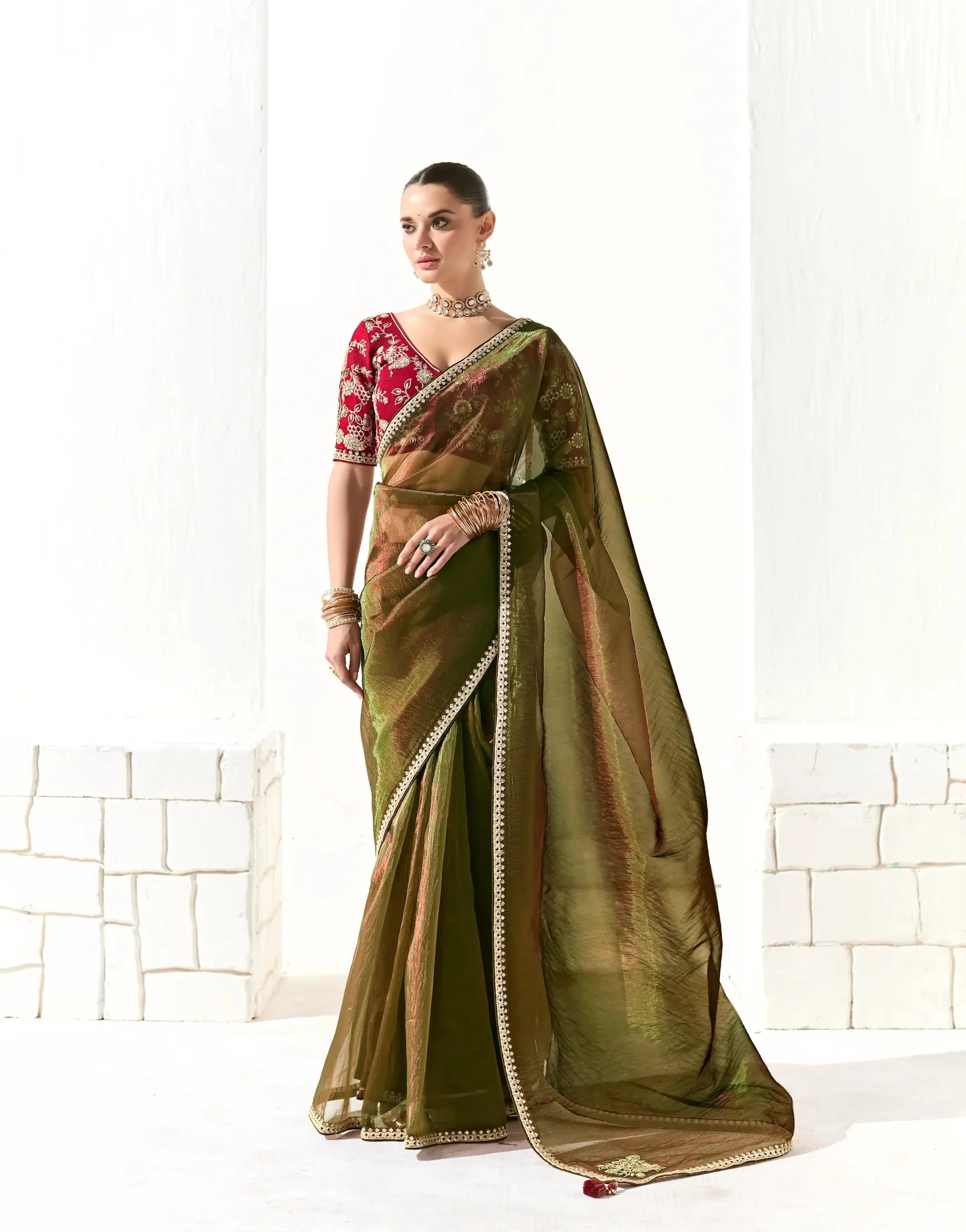 Olive Green Organza Saree Blouse With Heavy Embroidery work - qivii