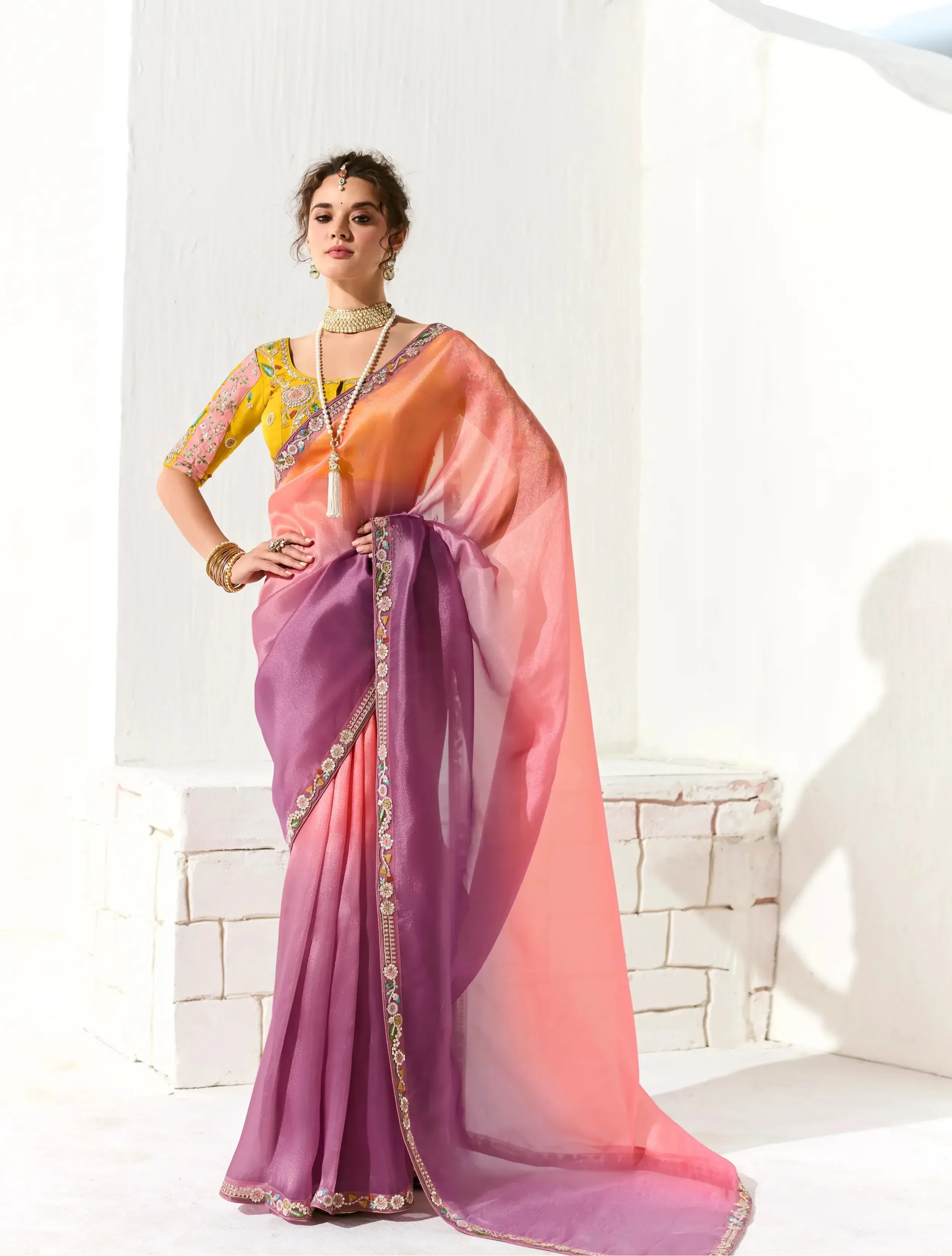 Peach-Lavender Shaded Organza Saree Blouse With Heavy Embroidery work - qivii