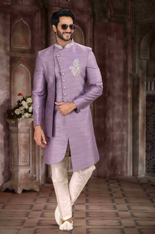 Men's Art Silk Embroidery Work Sherwani In Lavender Colour