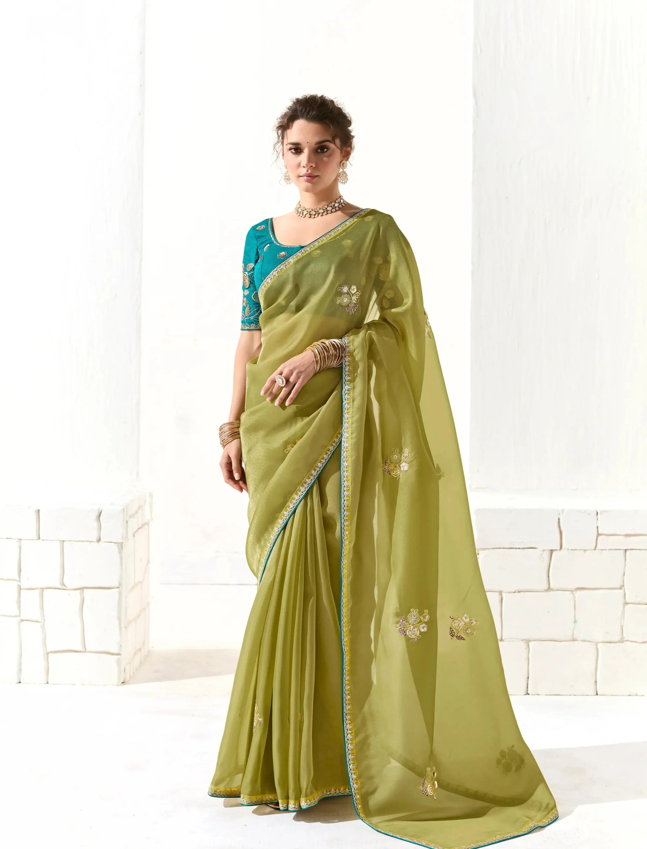 Lime Green Organza Saree Blouse With Heavy Embroidery work - qivii
