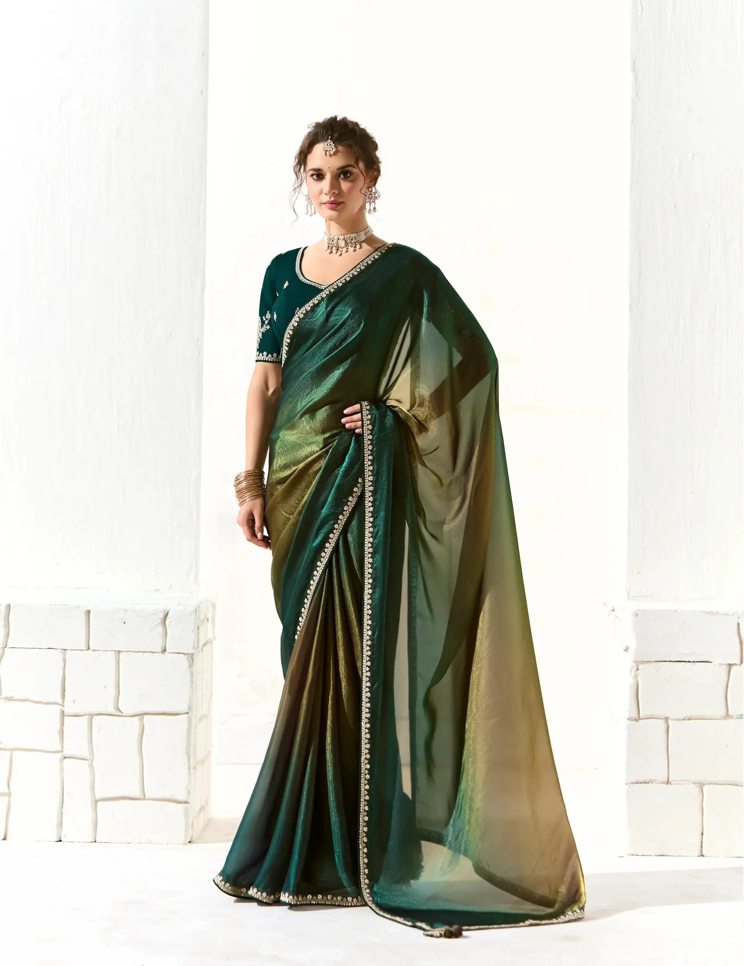Green Shaded Organza Saree Blouse With Heavy Embroidery work - qivii