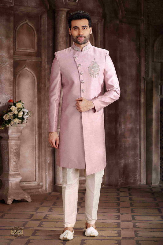 Men's Art Silk Embroidery Work Sherwani In Sky Blue Colour