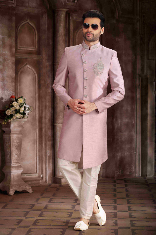 Men's Art Silk Embroidery Work Sherwani In Sky Blue Colour