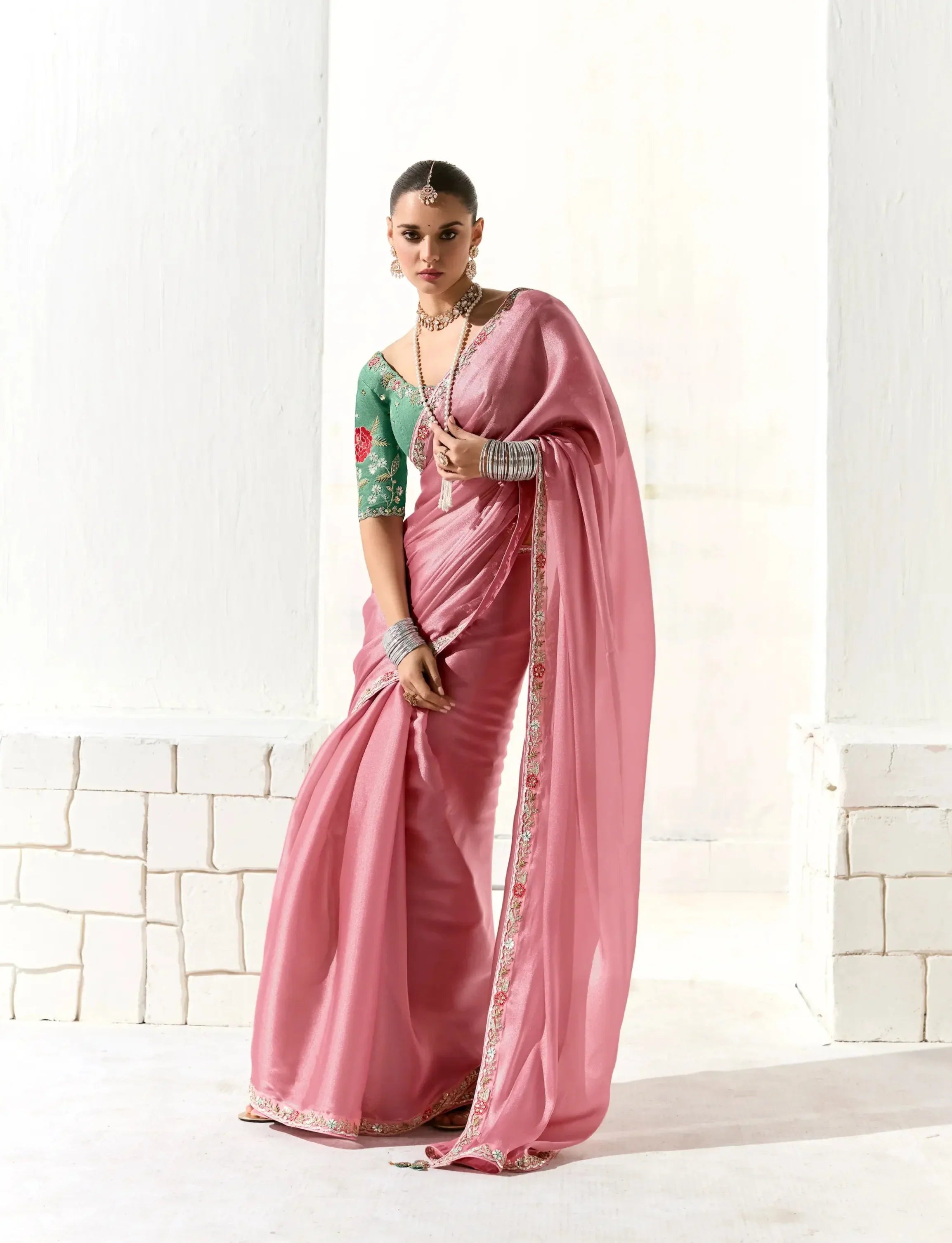 Light Pink Organza Saree Blouse With Heavy Embroidery work - qivii