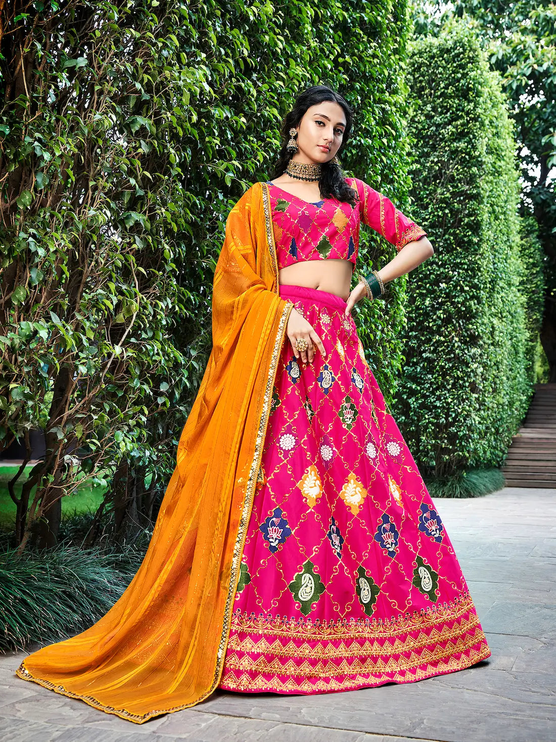 Deep Pink Silk Thread with Sequence Embroidery Work Lehenga Choli | Ready To Wear - qivii