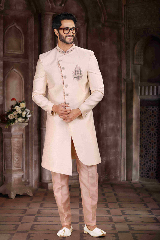 Men's Art Silk Embroidery Work Sherwani In Cream Colour
