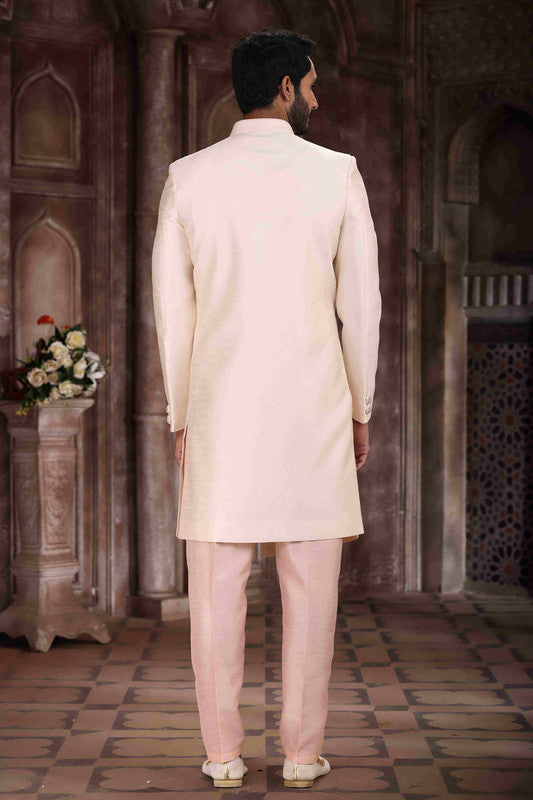 Men's Art Silk Embroidery Work Sherwani In Cream Colour