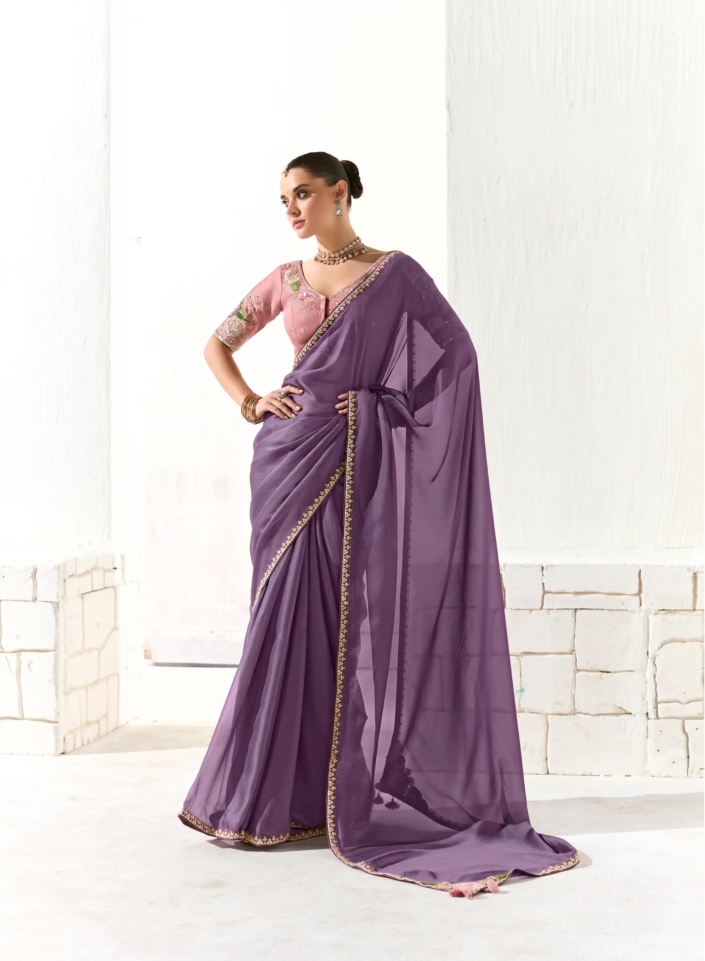 Lavender Organza Saree Blouse With Heavy Embroidery work - qivii