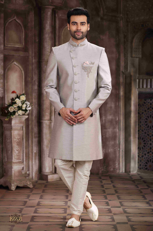 Men's Art Silk Embroidery Work Sherwani In Light Grey Colour