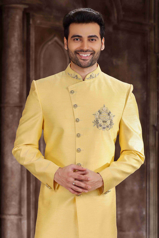 Men's Art Silk Embroidery Work Sherwani In Yellow Colour