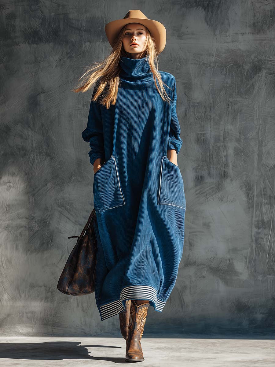Casual Fashion Vintage High Collar Large Side Pockets Blue Corduroy Midi Dress - By Qivii