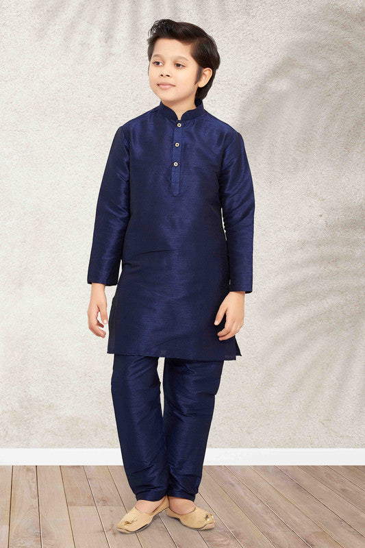Boy's Blue Art Banarasi Silk Solid Kurta Set