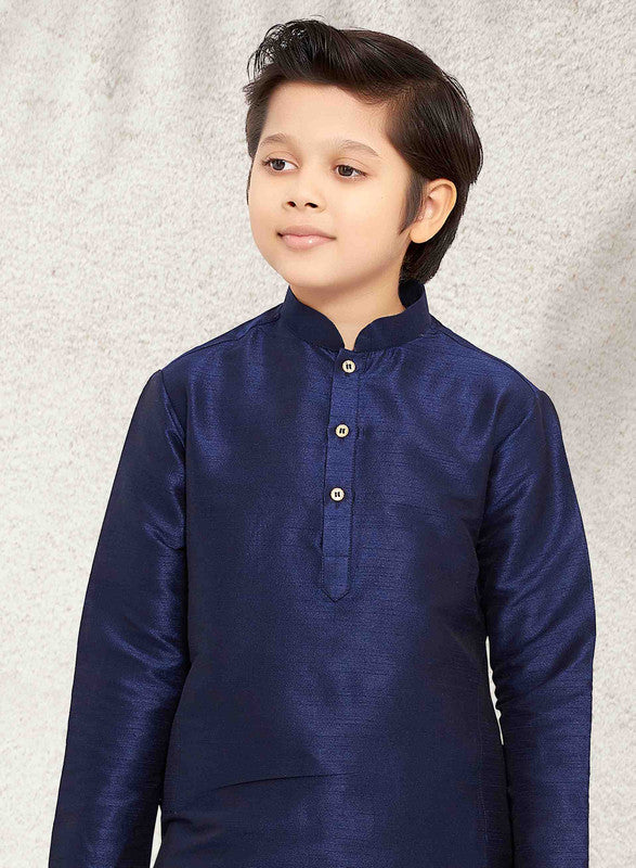 Boy's Blue Art Banarasi Silk Solid Kurta Set