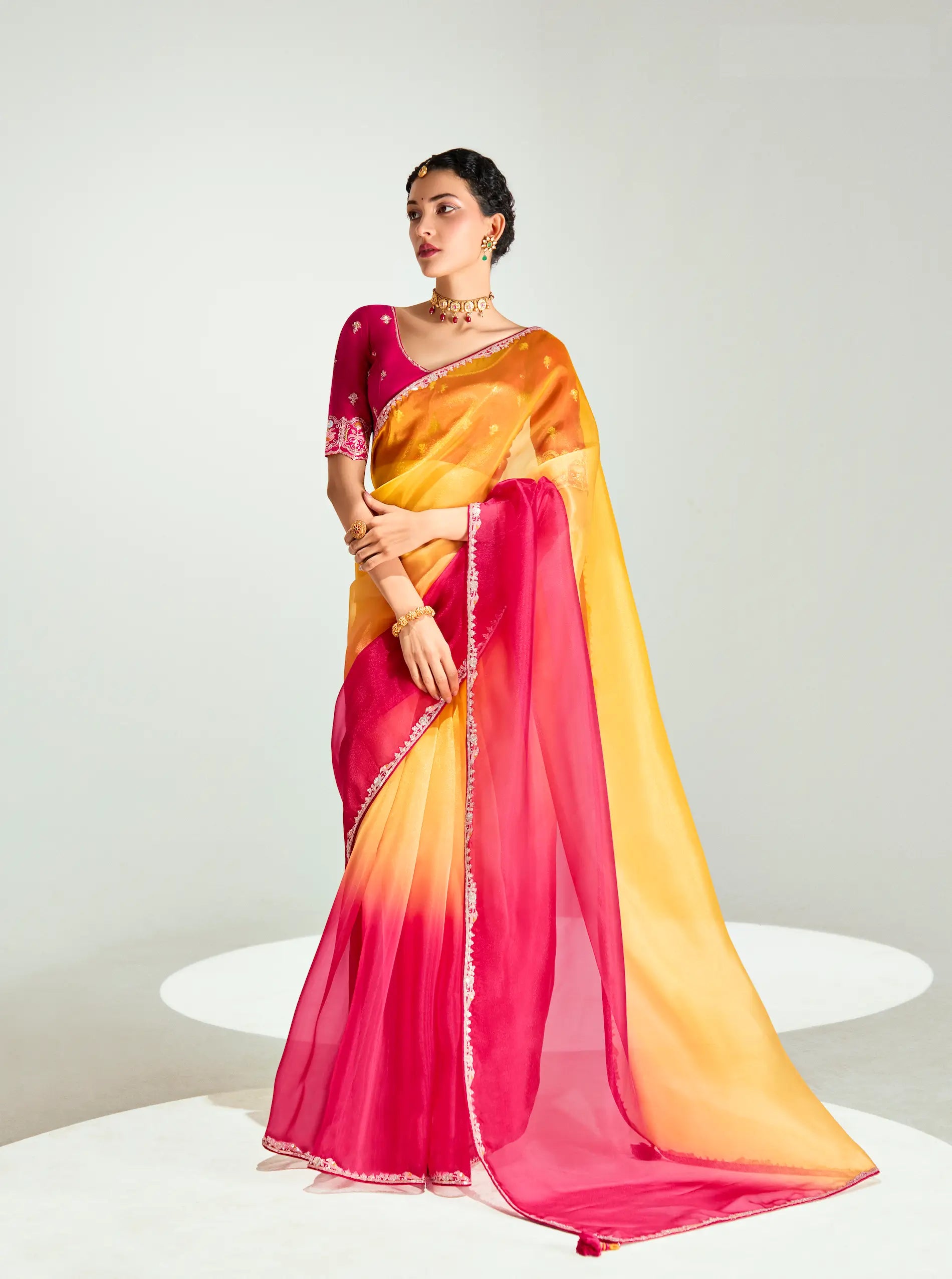 Red-Honey Yellow Organza Embroidery Saree - qivii
