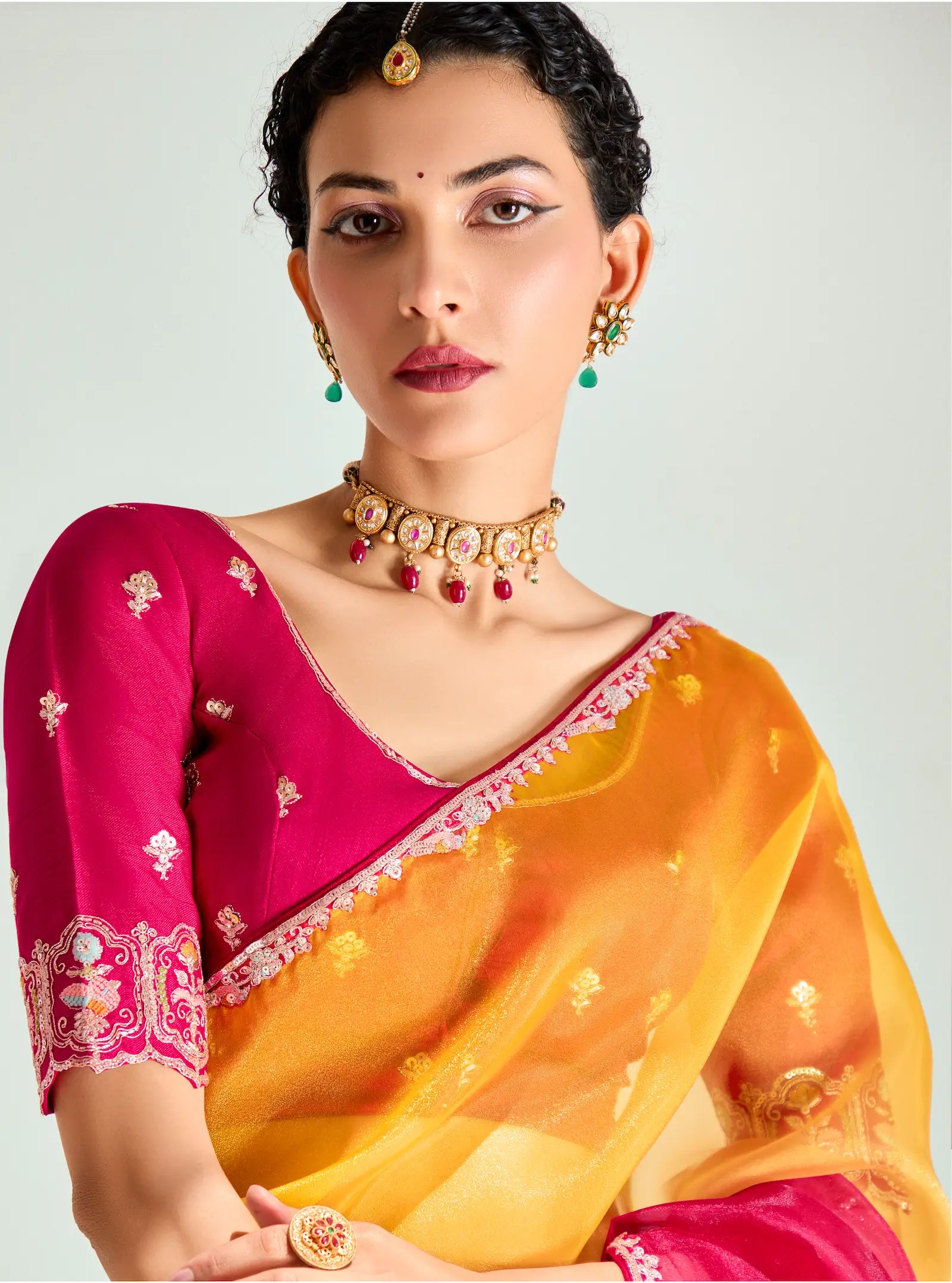 Red-Honey Yellow Organza Embroidery Saree - qivii