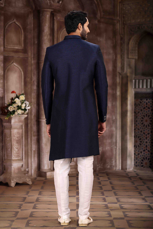 Men's Art Silk Embroidery Work Sherwani In Blue Colour