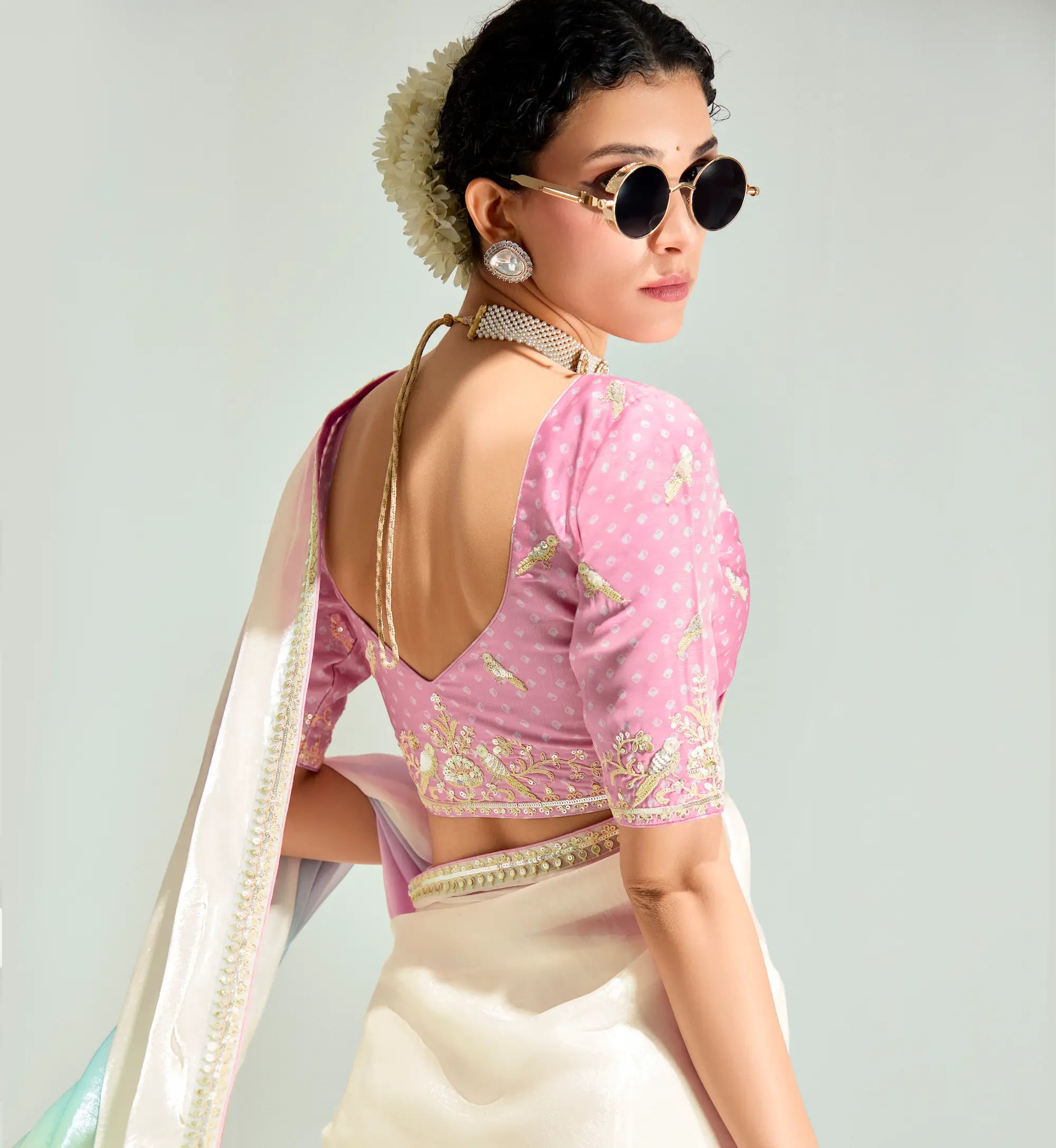 Beige-Multicolor Organza Embroidery Saree - qivii