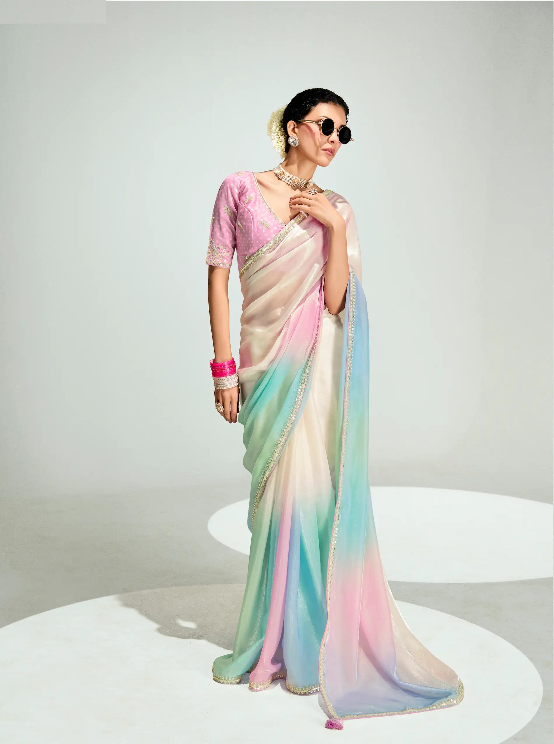 Beige-Multicolor Organza Embroidery Saree - qivii