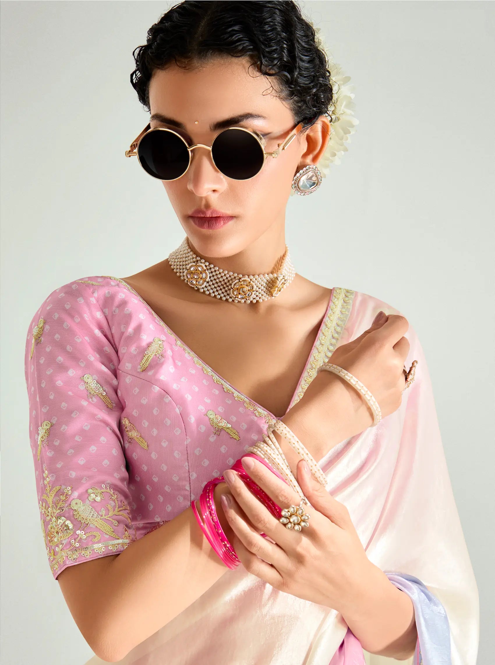 Beige-Multicolor Organza Embroidery Saree - qivii