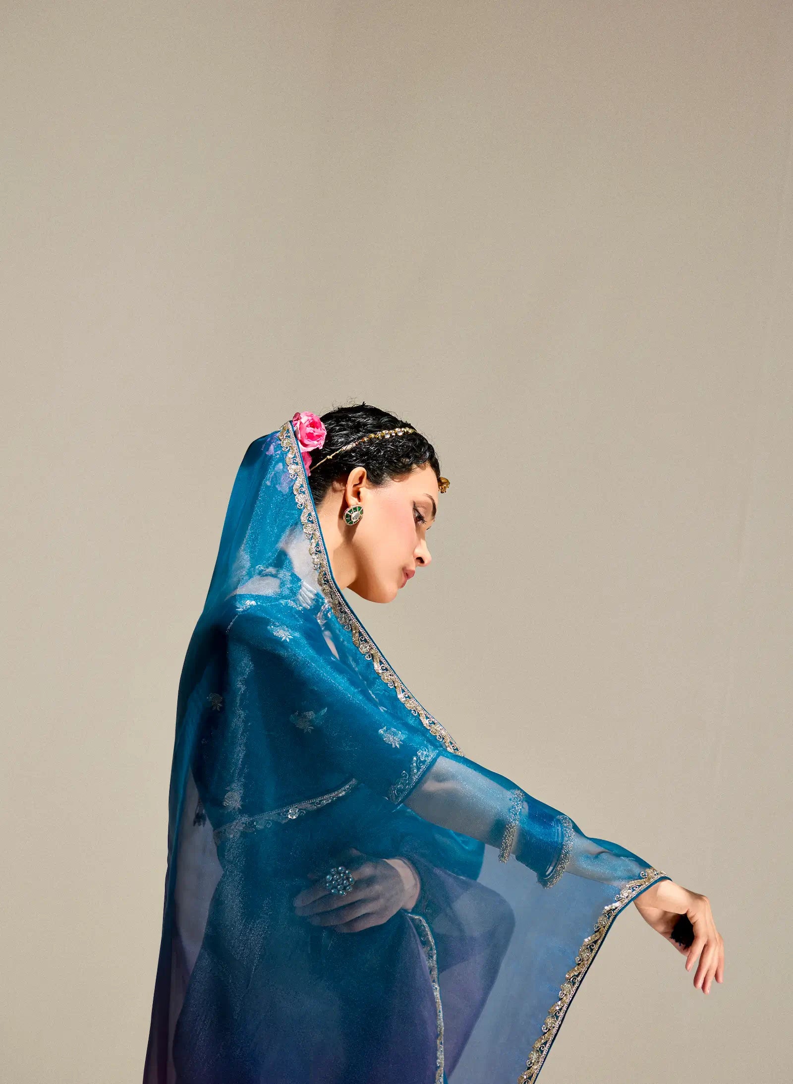 Peacock Blue-Grape Purple Organza Embroidery Saree - qivii