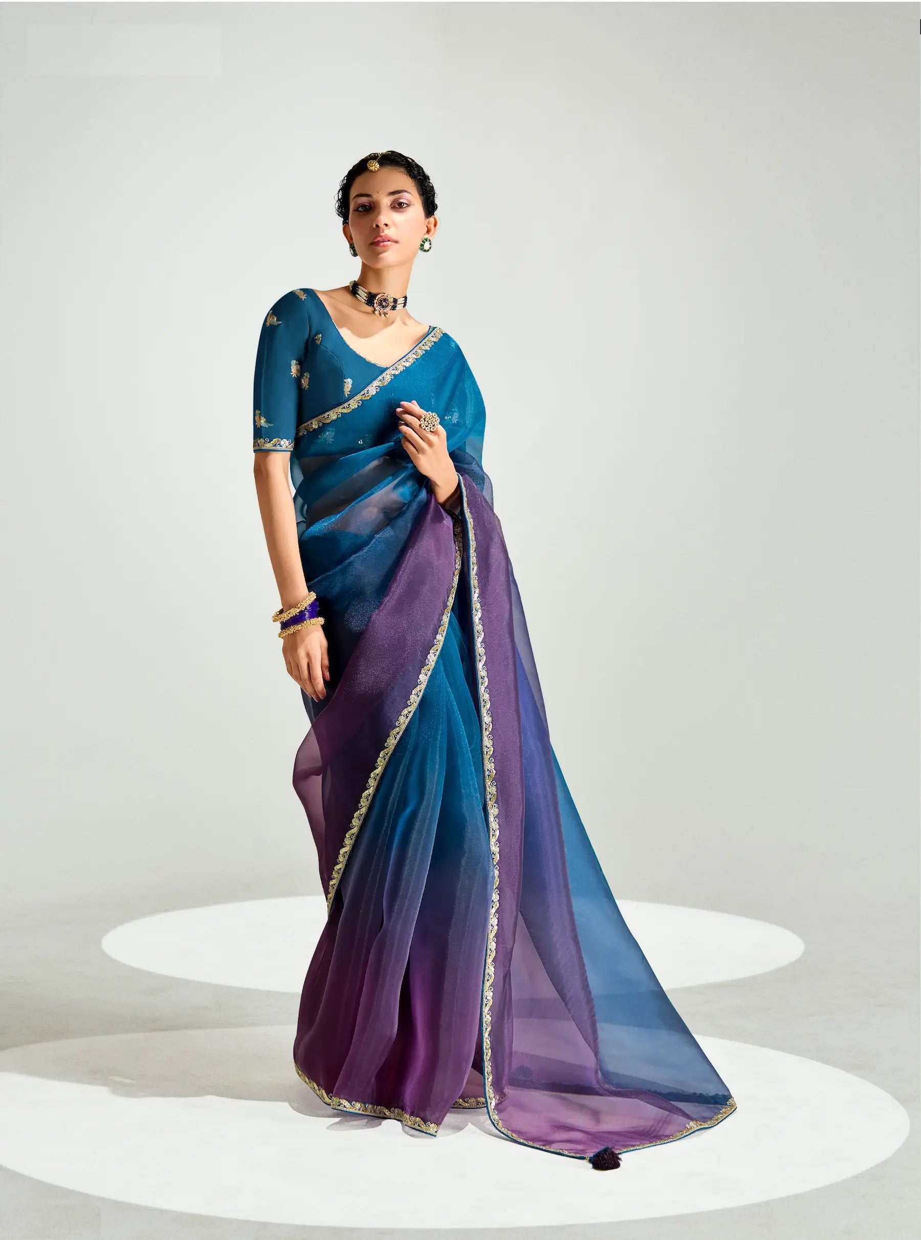 Peacock Blue-Grape Purple Organza Embroidery Saree - qivii