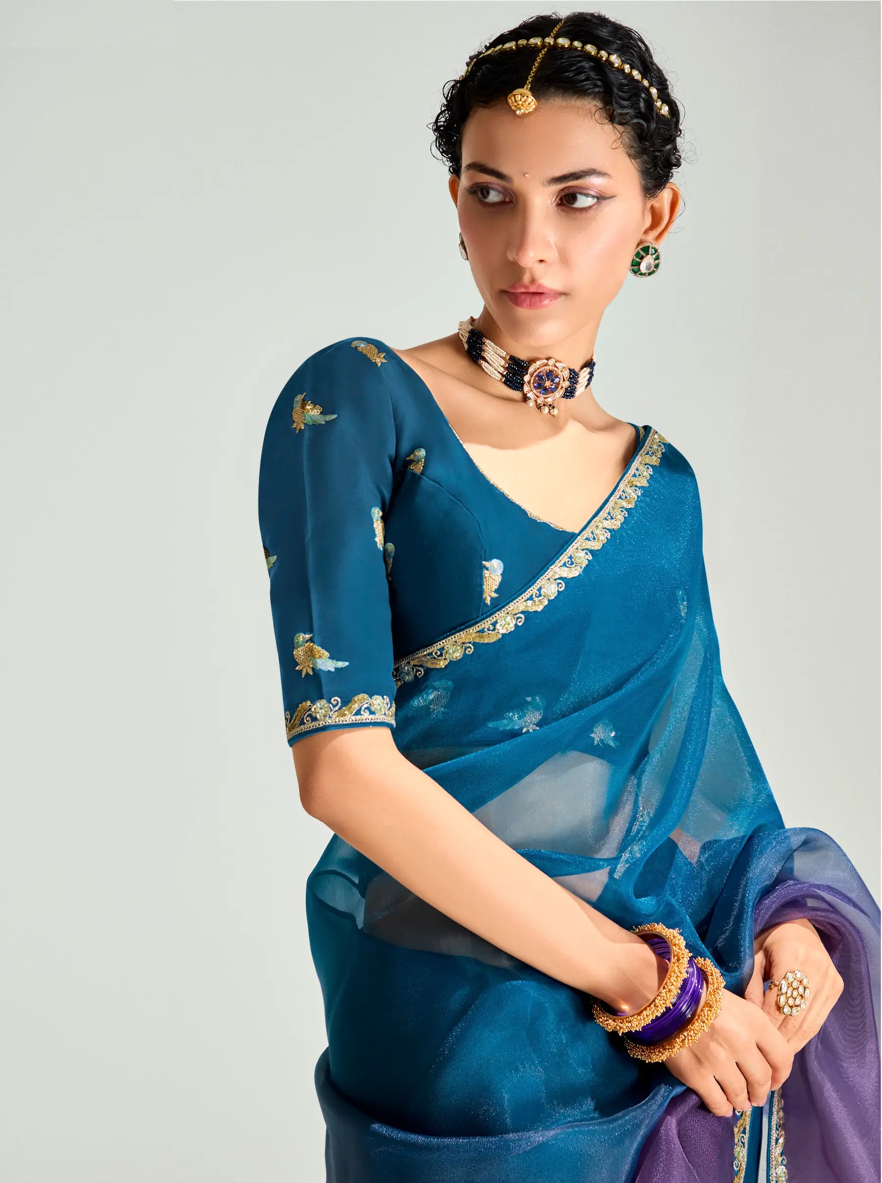 Peacock Blue-Grape Purple Organza Embroidery Saree - qivii