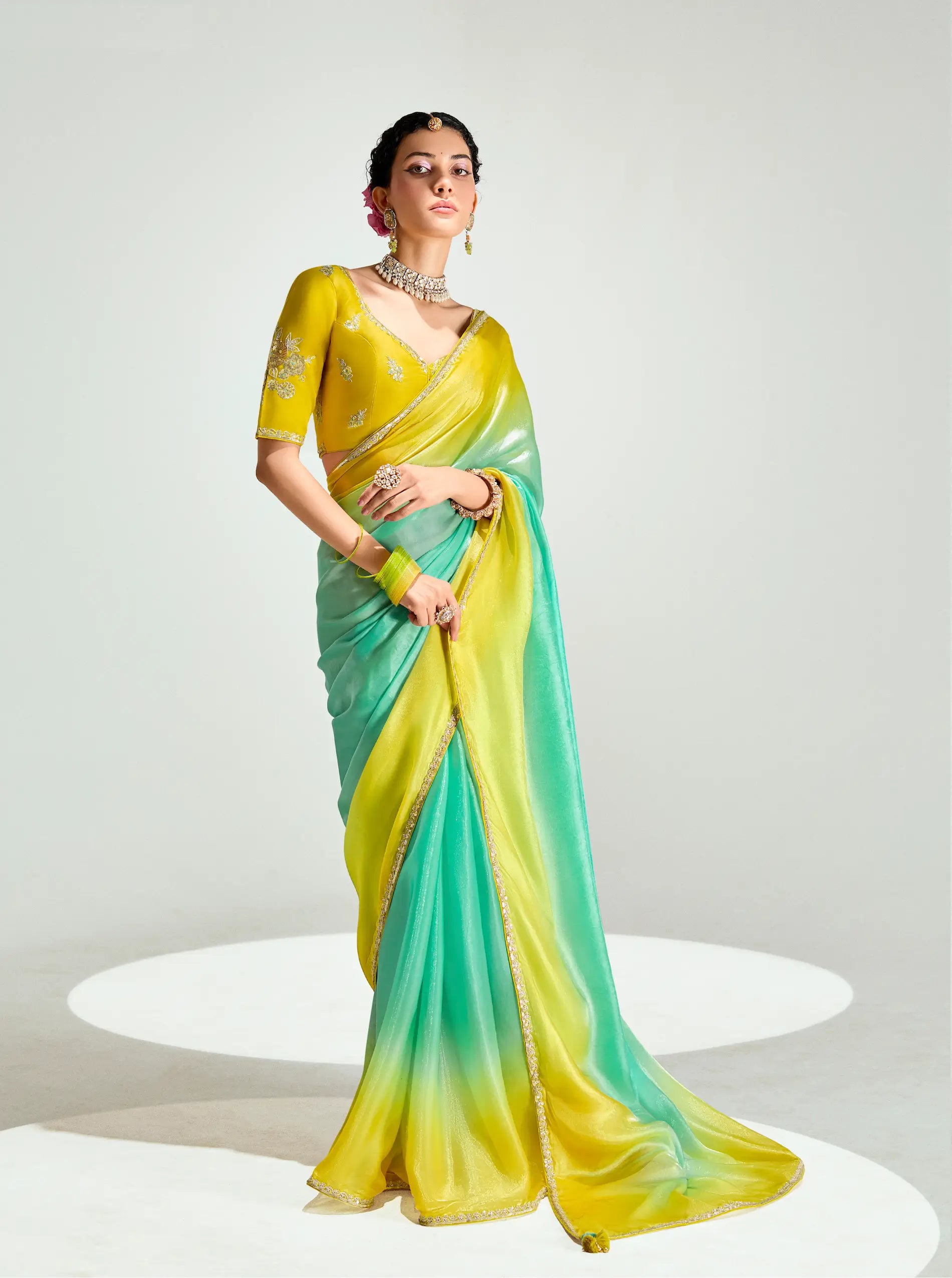 Lime Yellow-Turquoise Green Organza Embroidery Saree - qivii