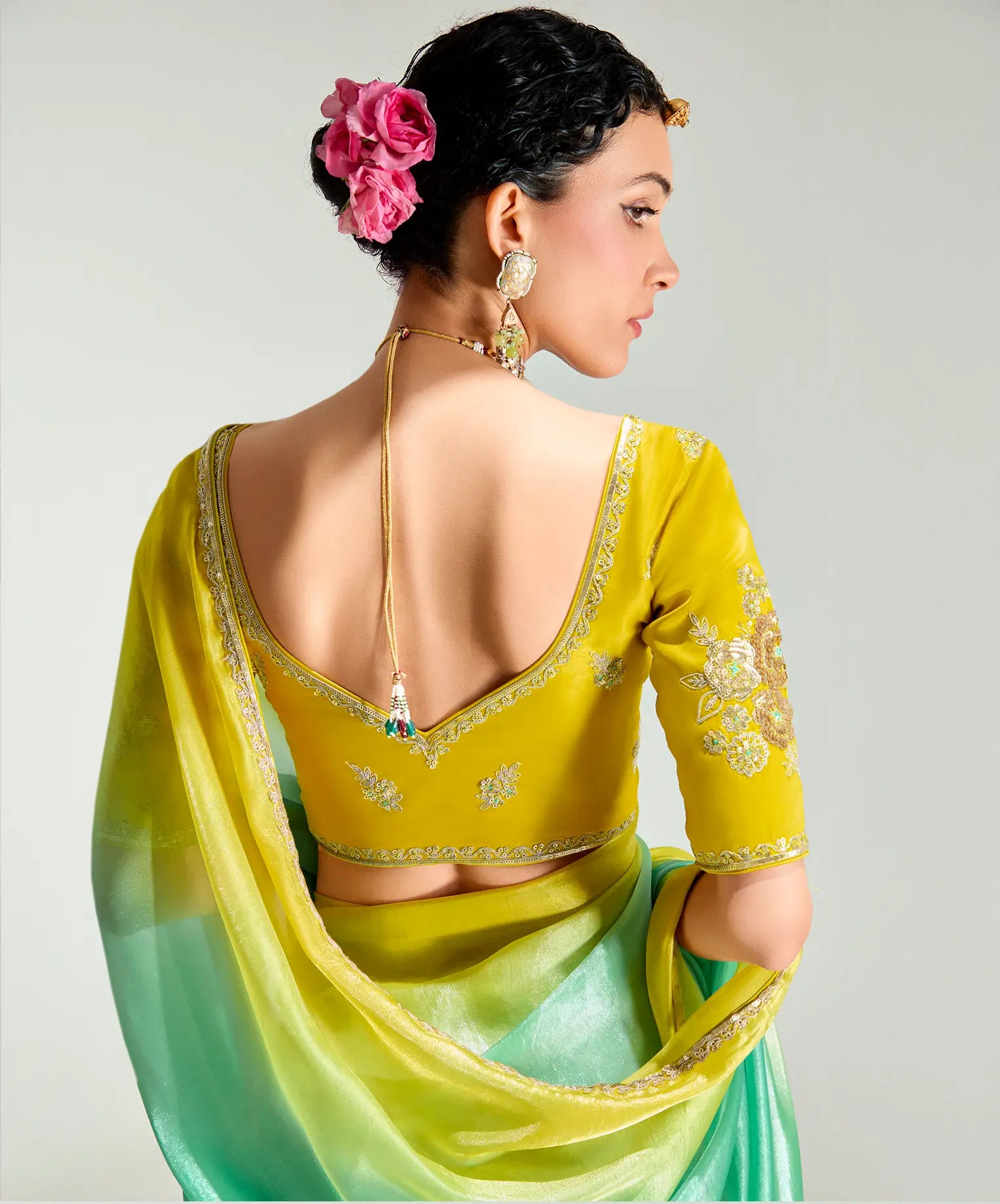 Lime Yellow-Turquoise Green Organza Embroidery Saree - qivii