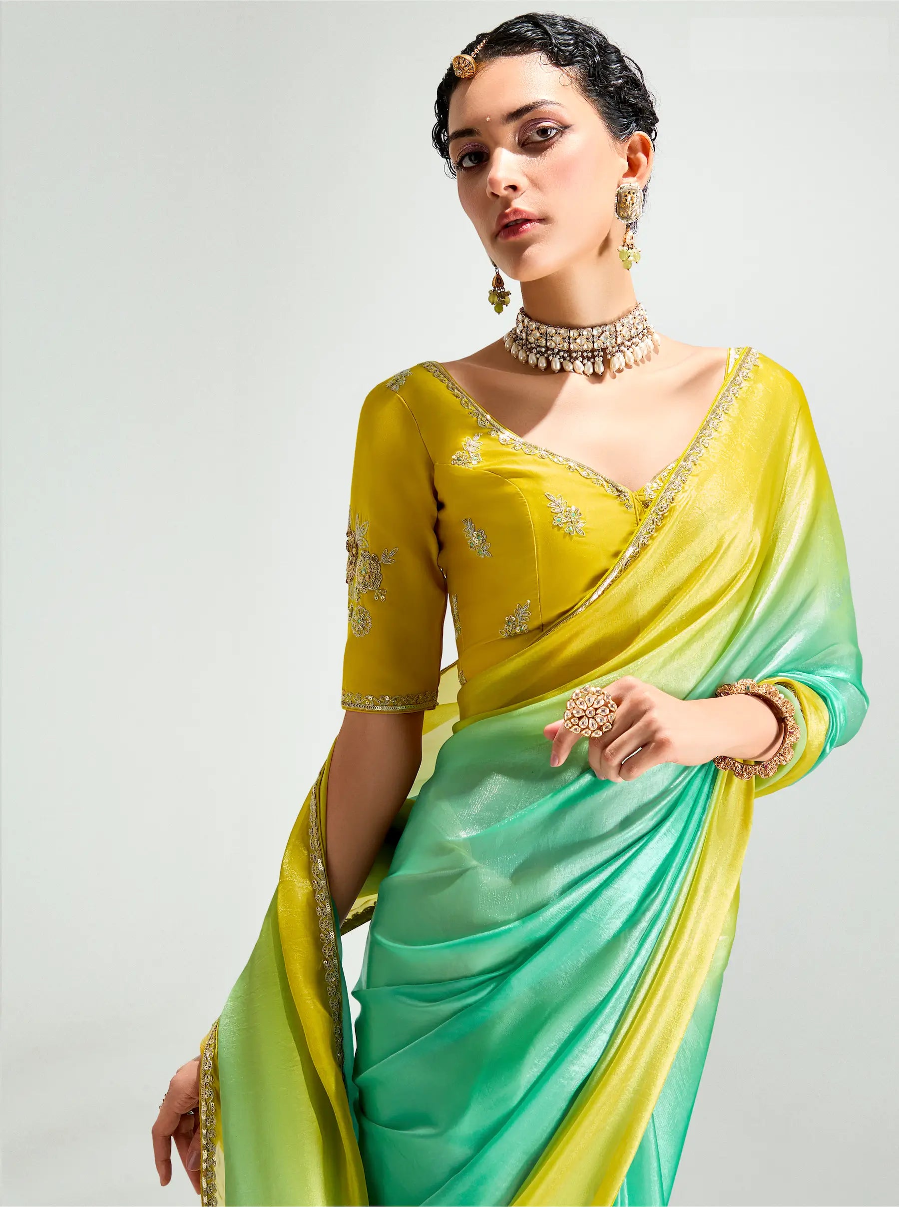 Lime Yellow-Turquoise Green Organza Embroidery Saree - qivii