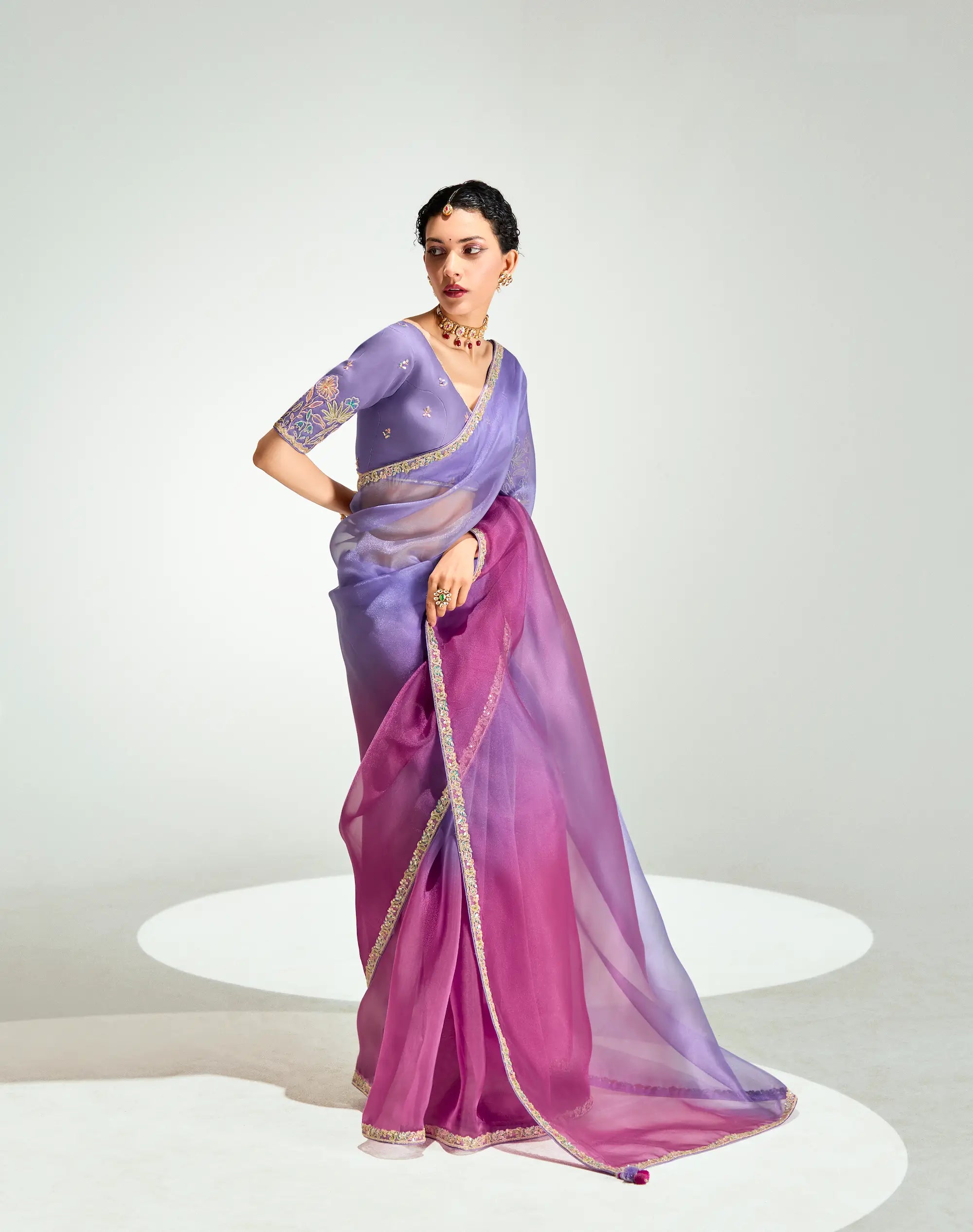Lavender-Magenta Pink Organza Embroidery Saree - qivii