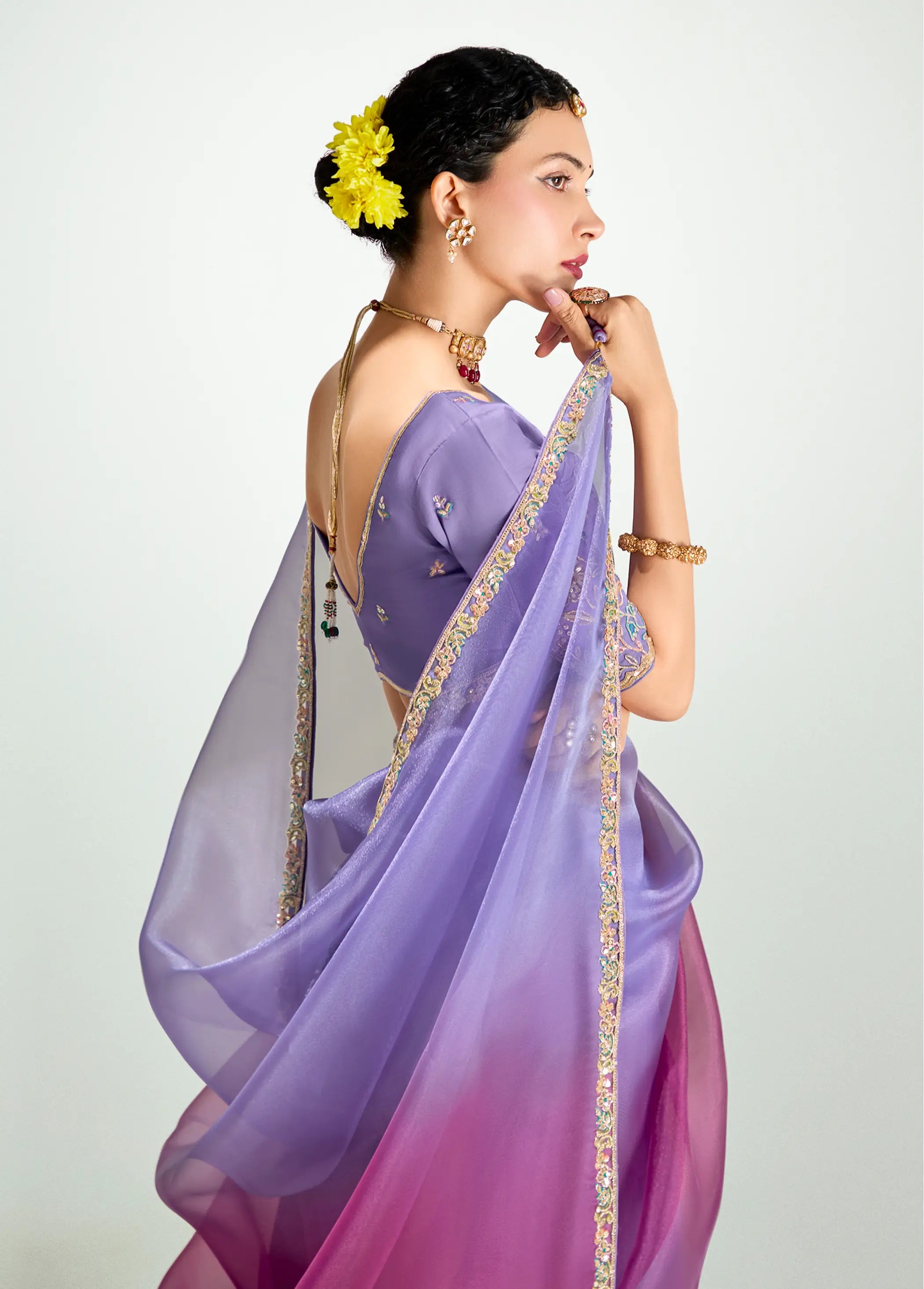 Lavender-Magenta Pink Organza Embroidery Saree - qivii