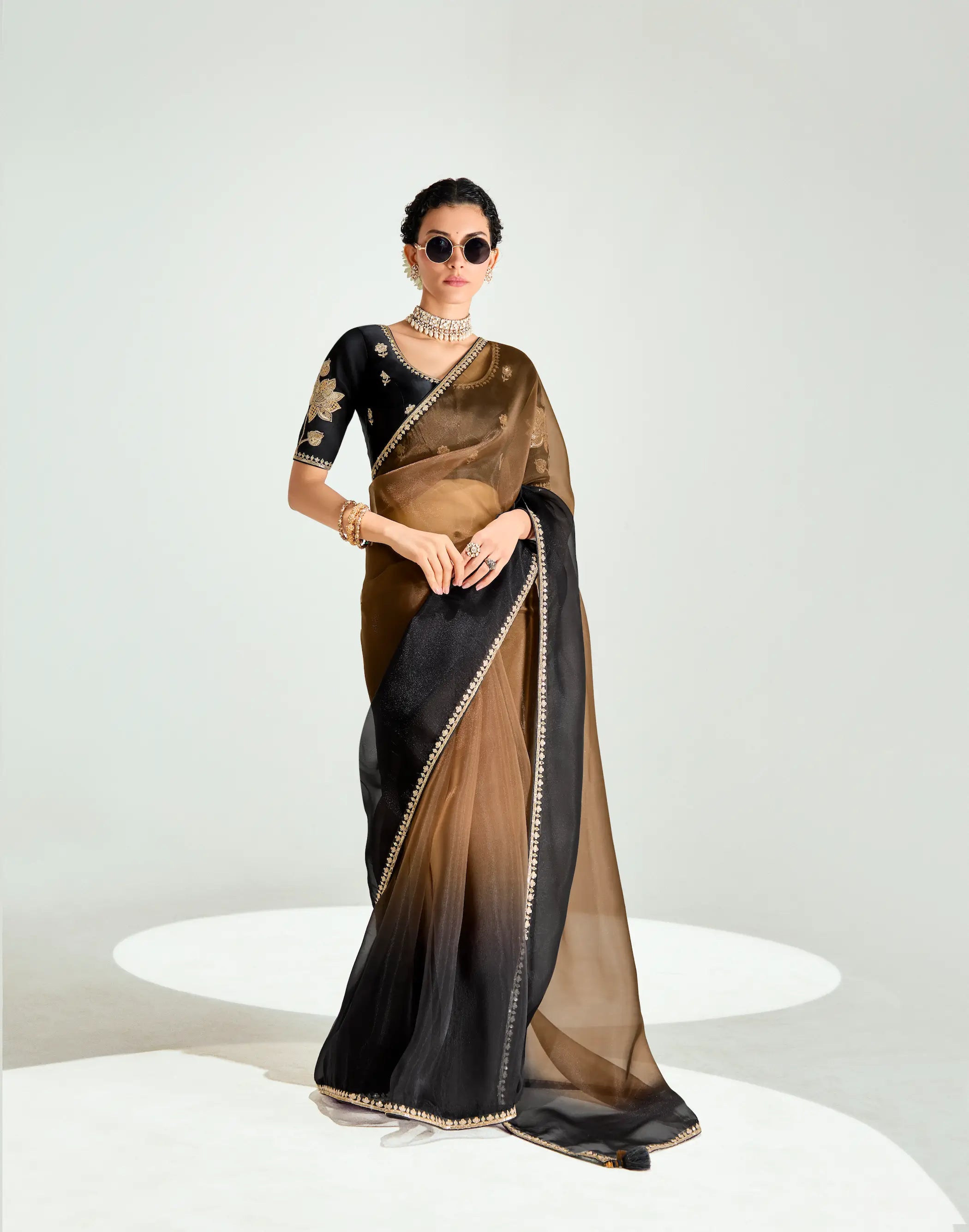 Black-Bear Brown Organza Embroidery Saree - qivii