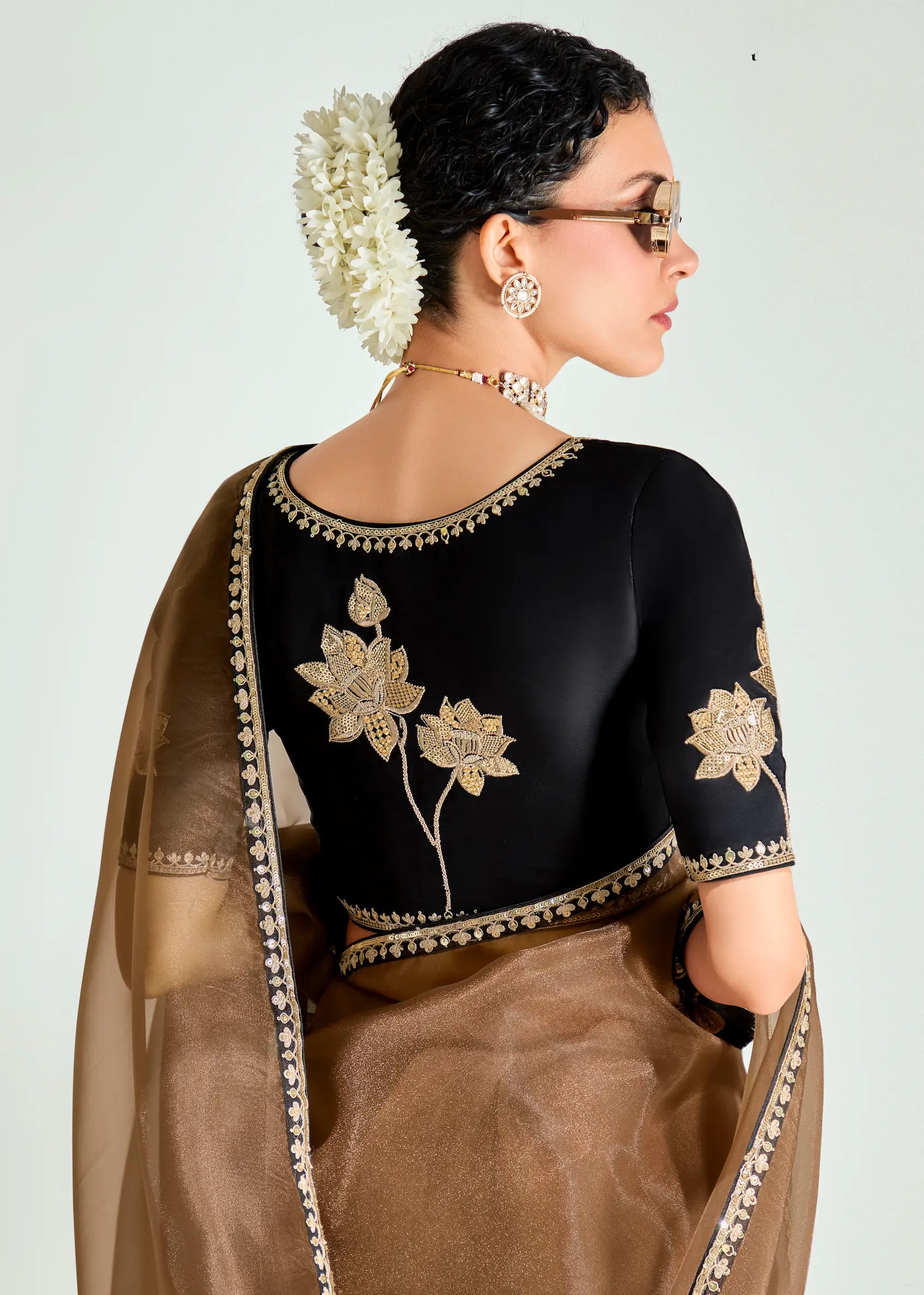Black-Bear Brown Organza Embroidery Saree - qivii