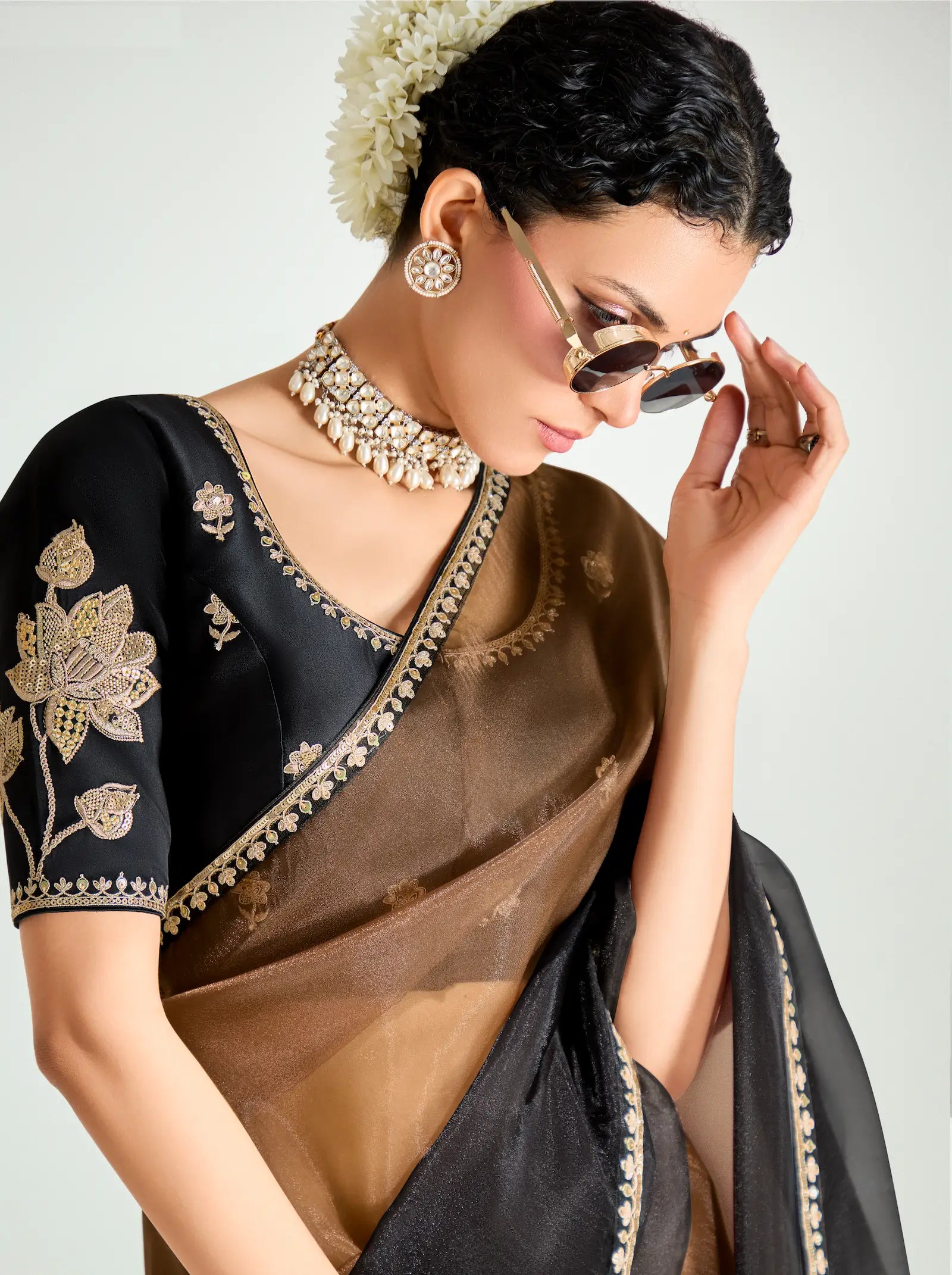Black-Bear Brown Organza Embroidery Saree - qivii