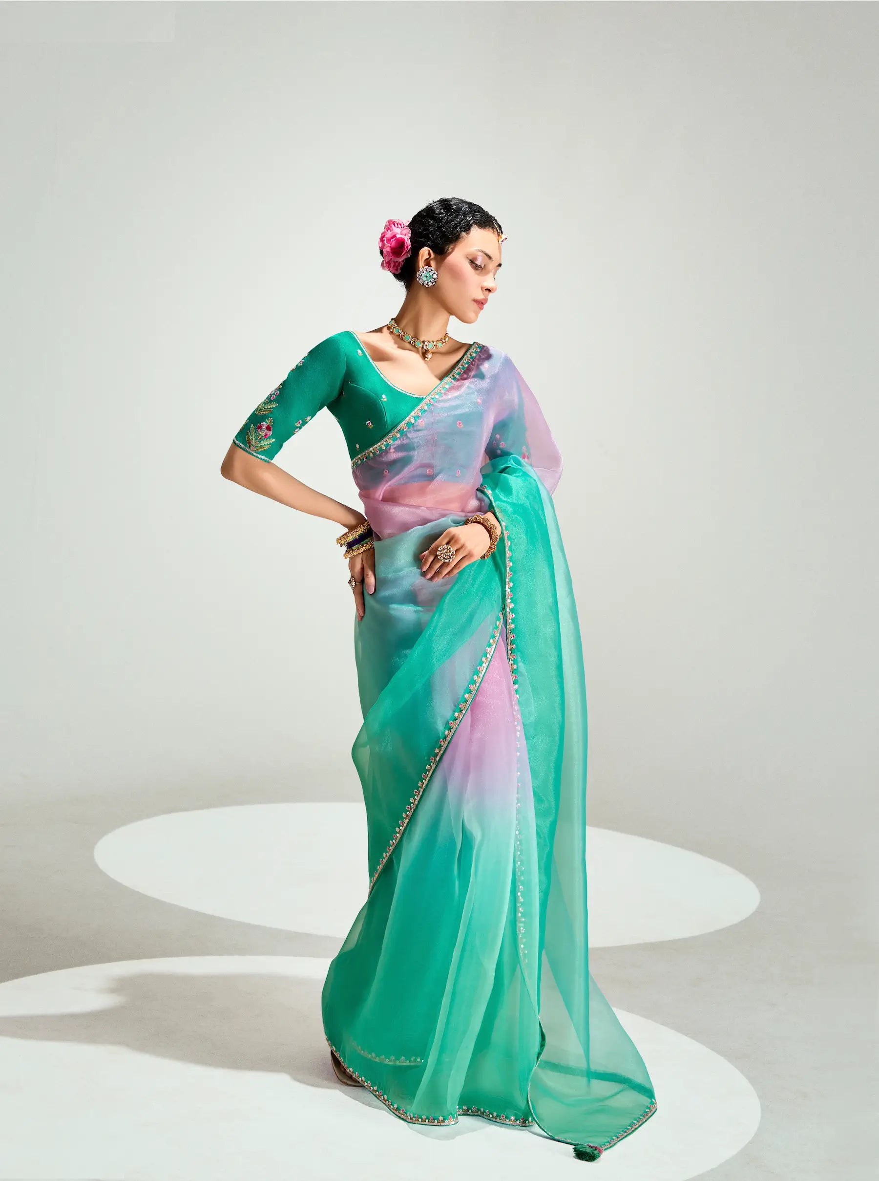 Teal Green-Powder Pink Organza Embroidery Saree - qivii