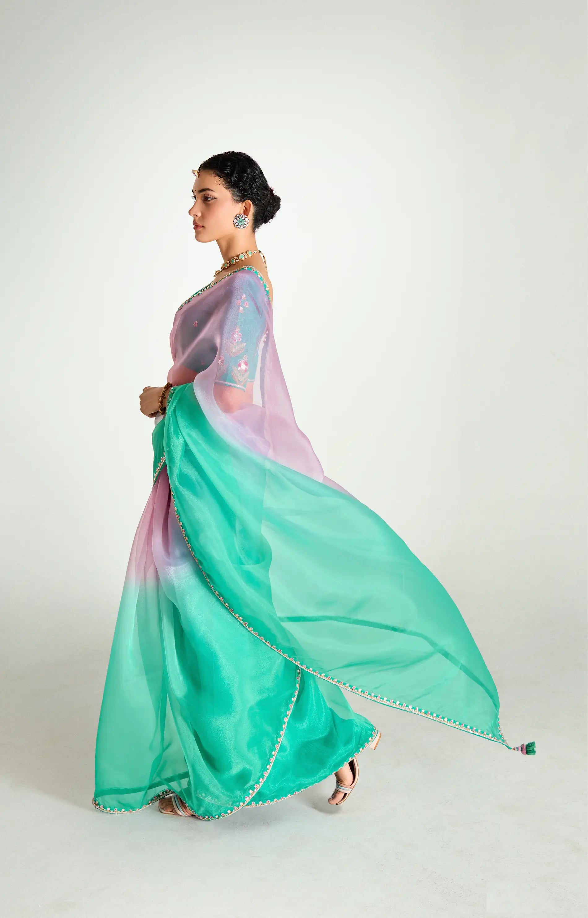 Teal Green-Powder Pink Organza Embroidery Saree - qivii