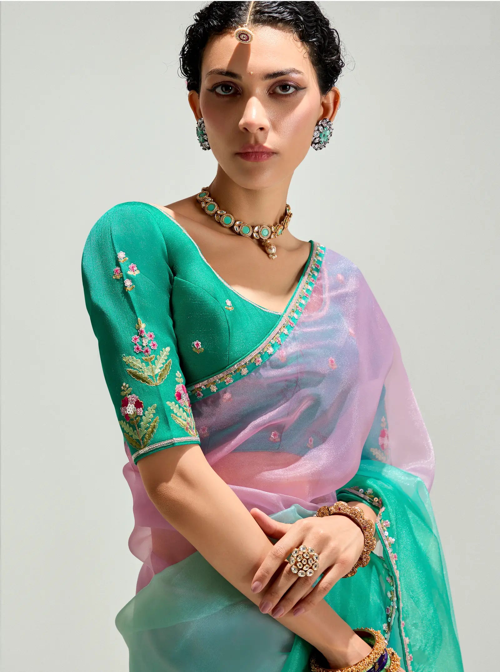 Teal Green-Powder Pink Organza Embroidery Saree - qivii