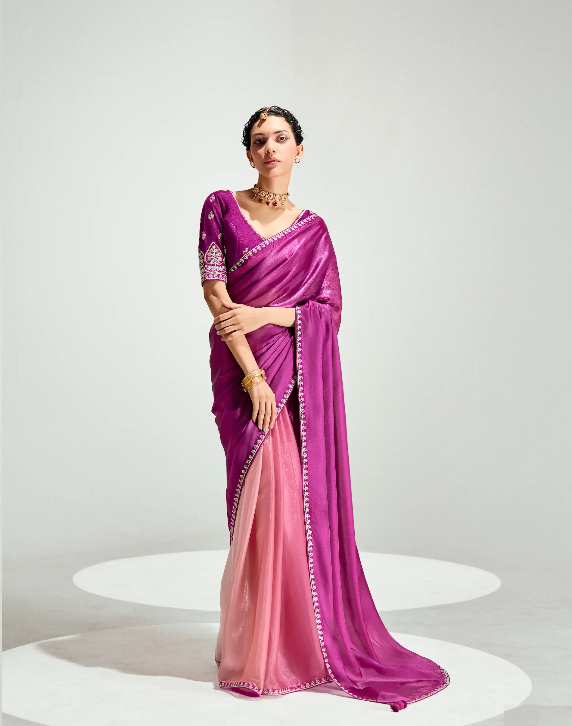 Dark Purple-Tulip Pink Organza Embroidery Saree - qivii