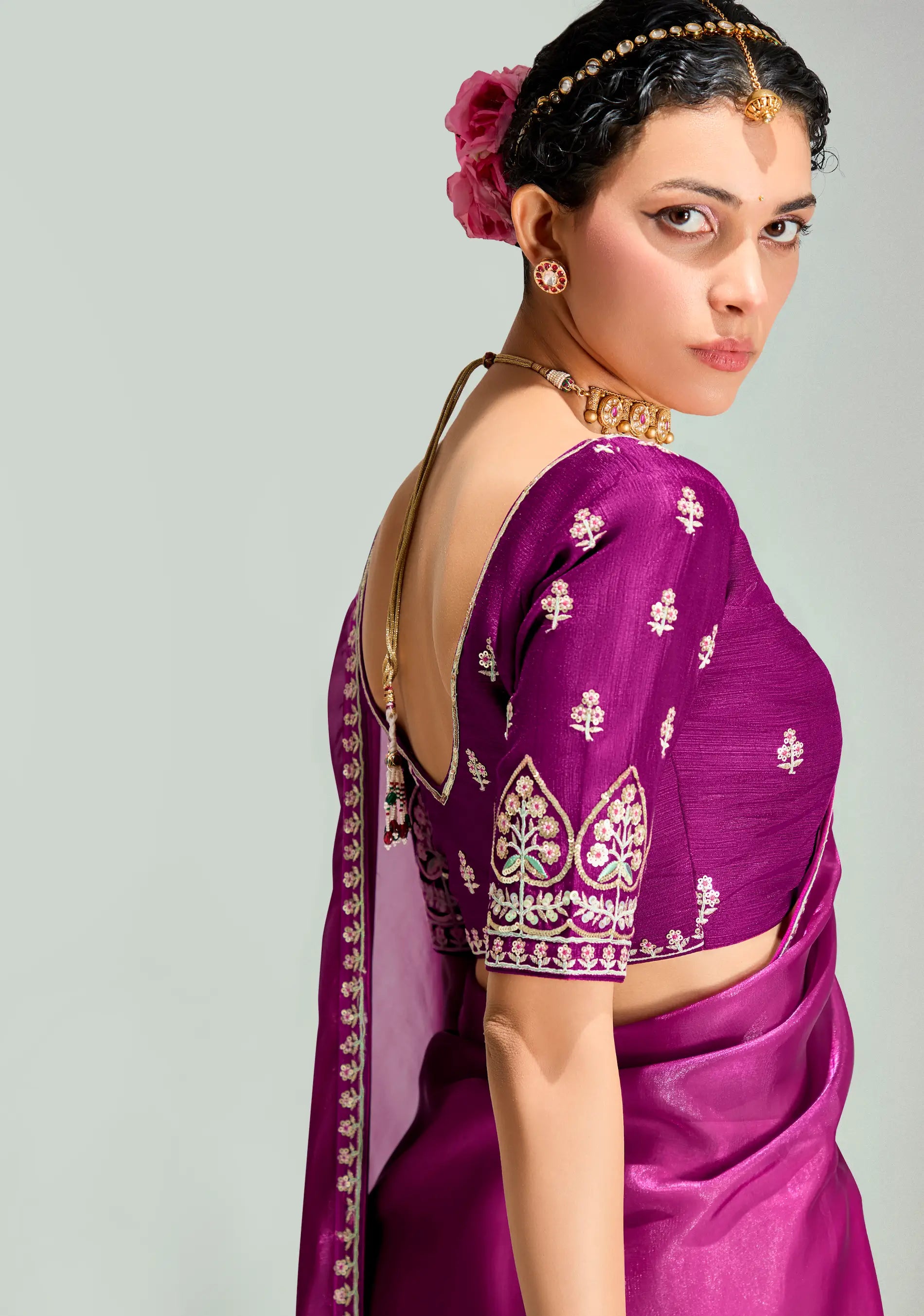 Dark Purple-Tulip Pink Organza Embroidery Saree - qivii