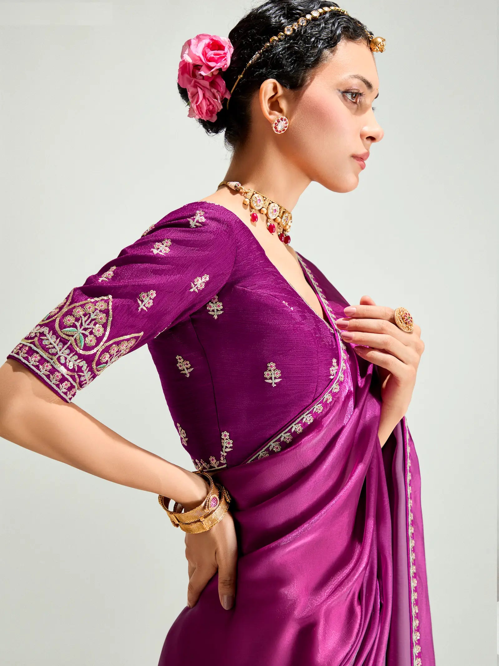 Dark Purple-Tulip Pink Organza Embroidery Saree - qivii
